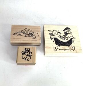 𝅺3 D.O.T.S. Rubber Stamp Wood Sleigh Bears X Mas Bells Country Meadow Gift New‎